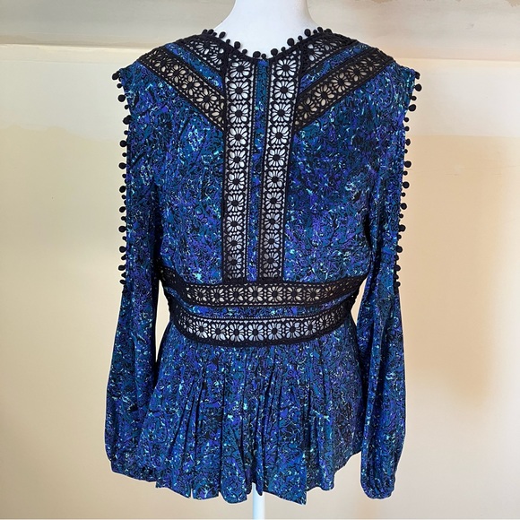 Rebecca Taylor Blue Long-Sleeve Paisley Cold-Shoulder Silk Lace Blouse size 6 - Picture 6 of 10